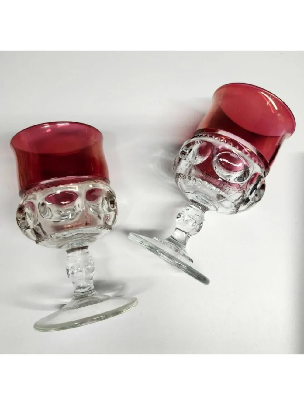 Tiffin Franciscan Cranberry Thumbprint King's Crown Vintage Glass Goblets Set